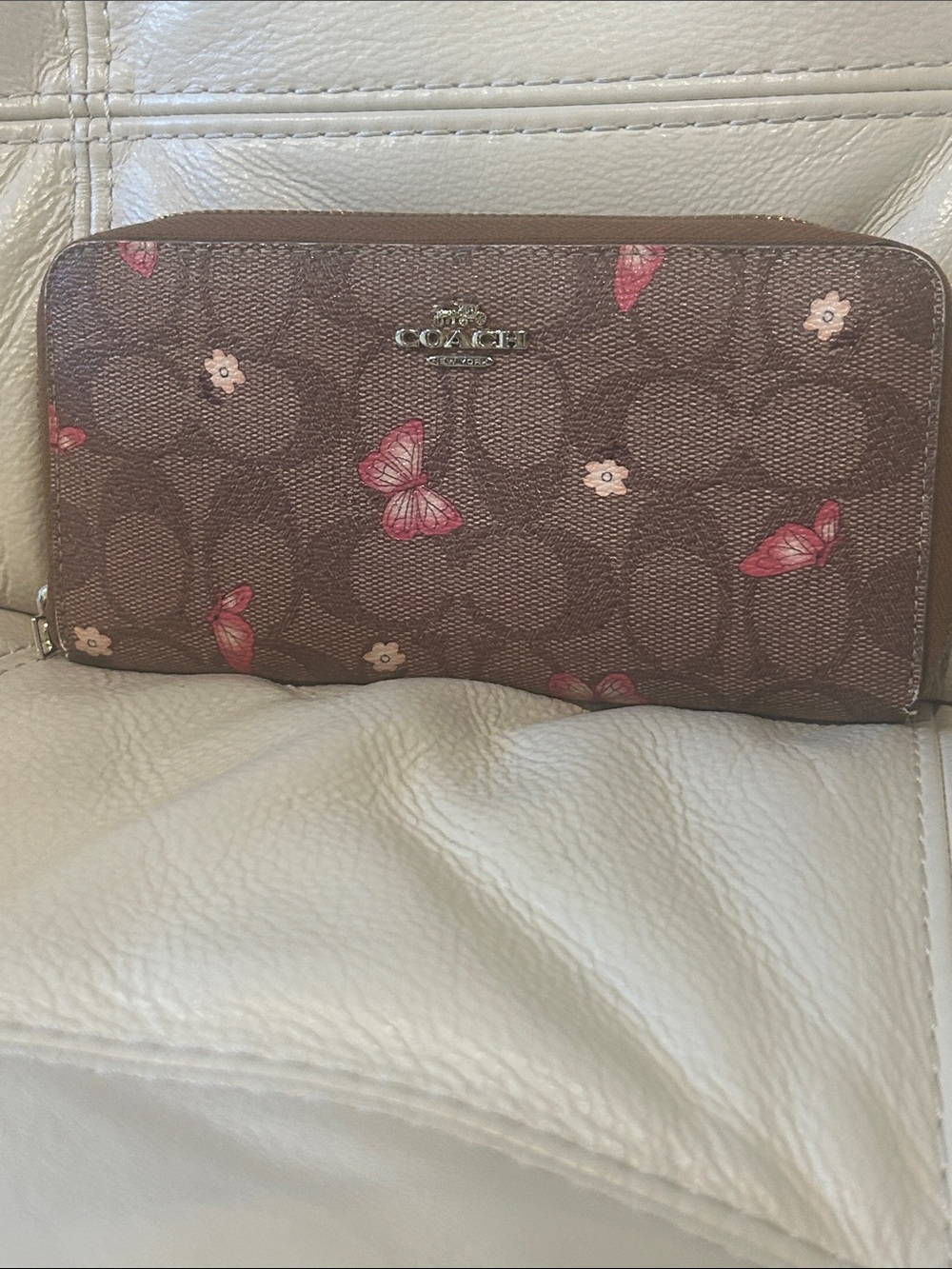 Coach Tan Signature Long Accordion Butterfly Zip-Around Wallet